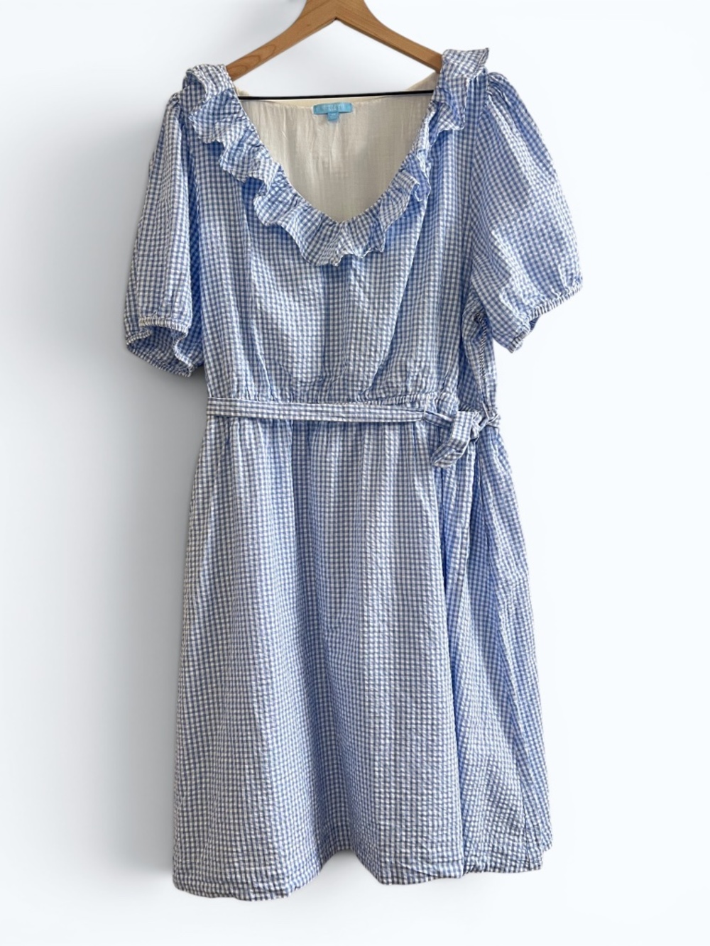 Draper James RSVP 2X Light Blue Gingham Seersucker Ruffle VNeck Tie Waist NWOT